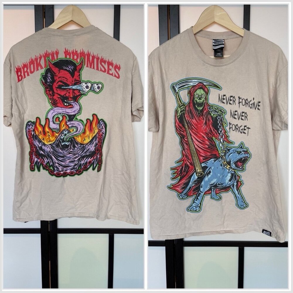 Broken Promises WORST IN ME TEE SAND size large 100% cotton Never Forgive forget
